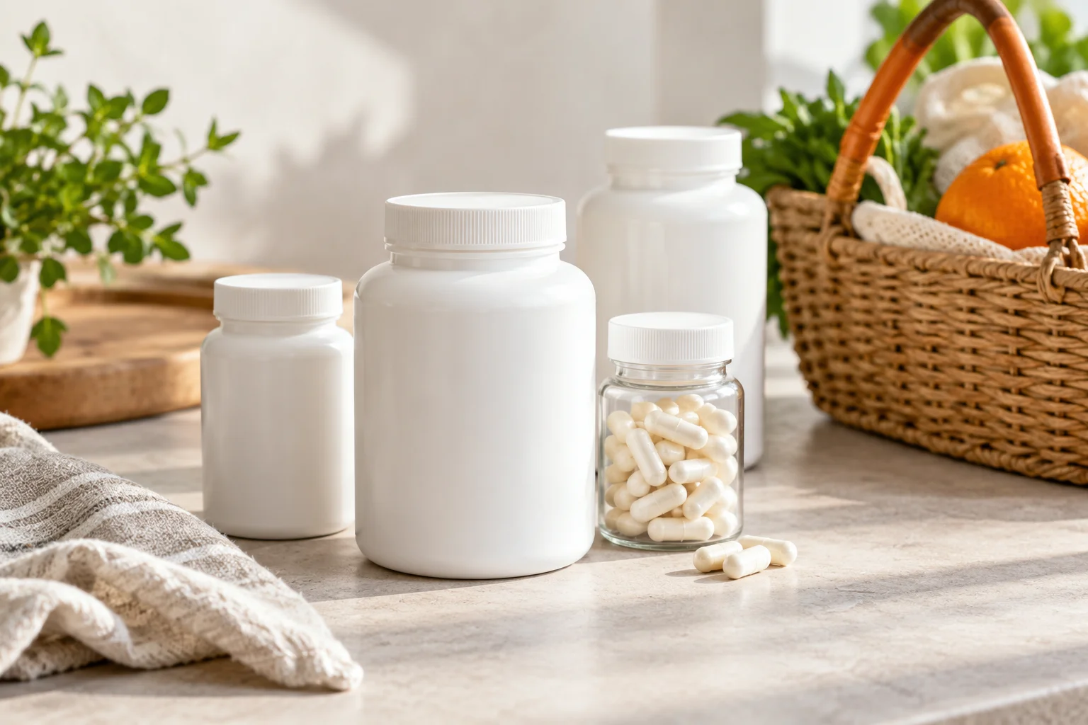 Butelki suplementów probiotycznych przy koszyku zakupowym