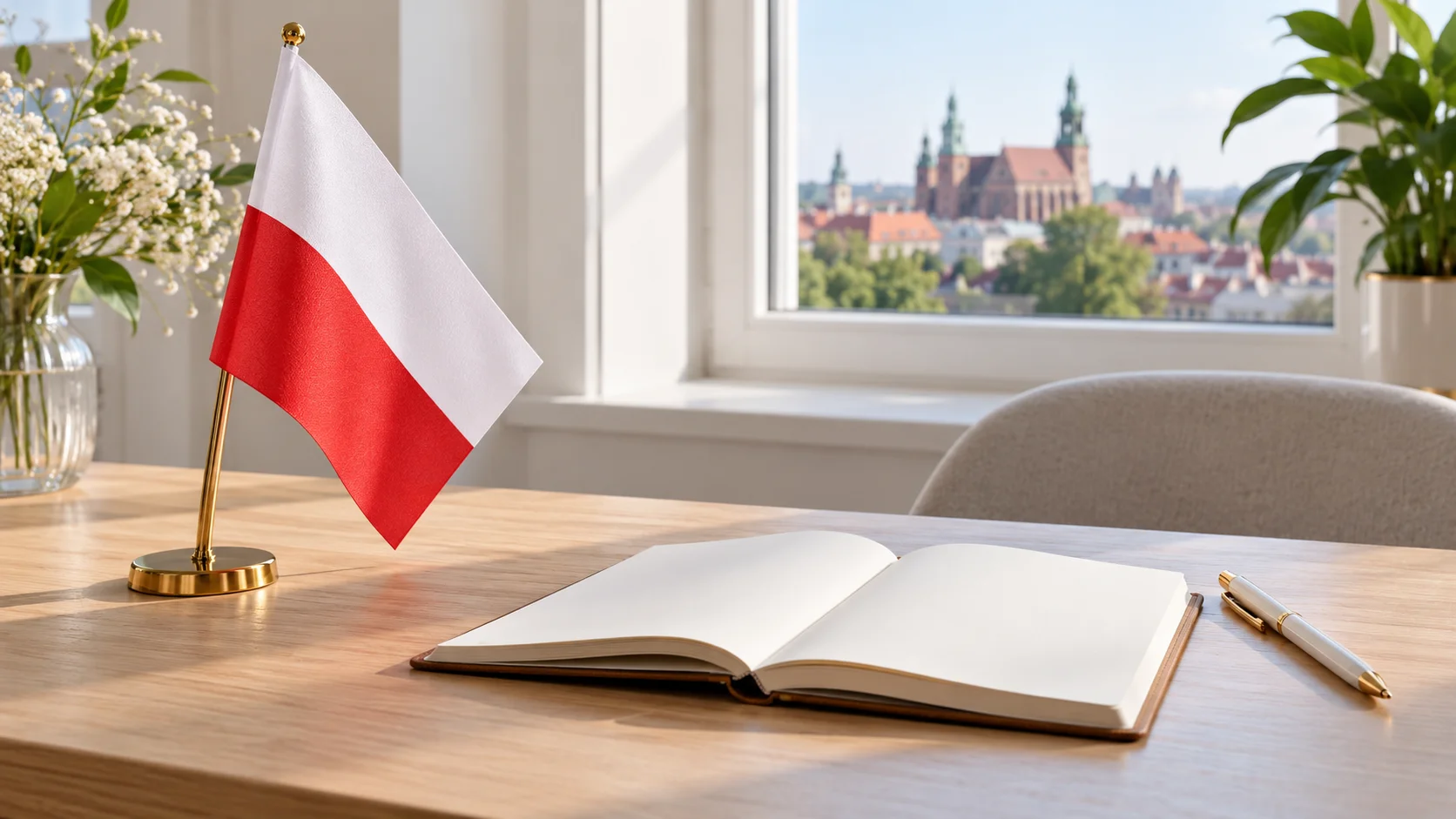 Polska flaga obok otwartego notesu i długopisu