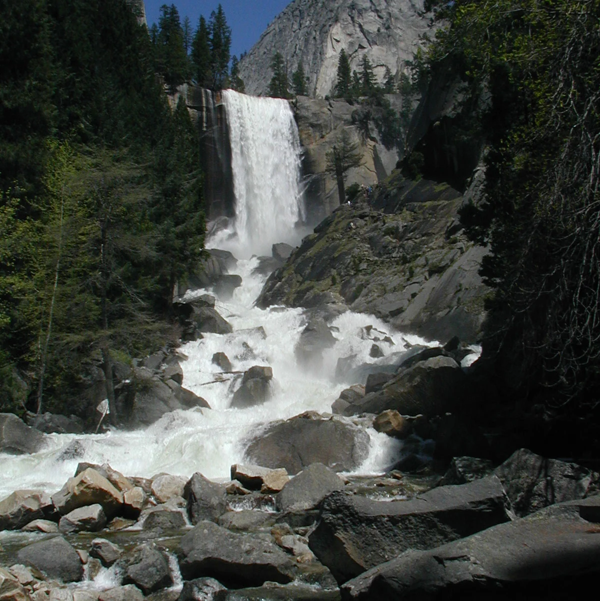 Granitowe skały, las i wodospad w dolinie Yosemite