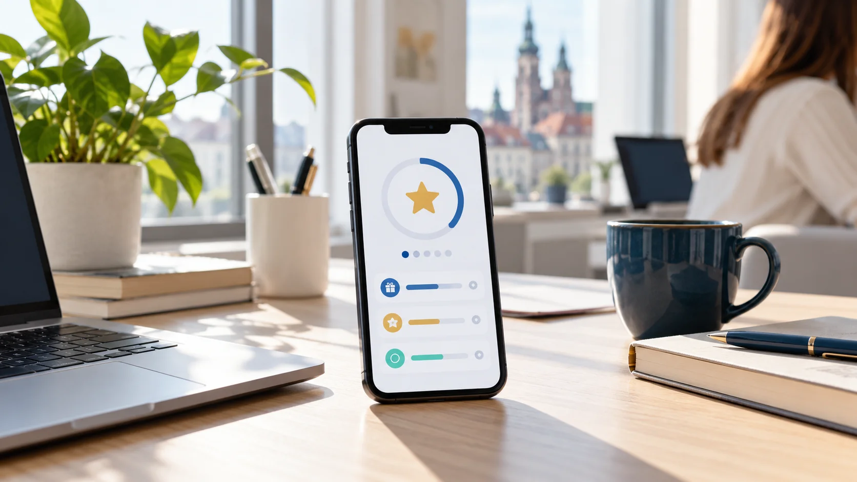 Smartfon z aplikacją lojalnościową na jasnym biurku