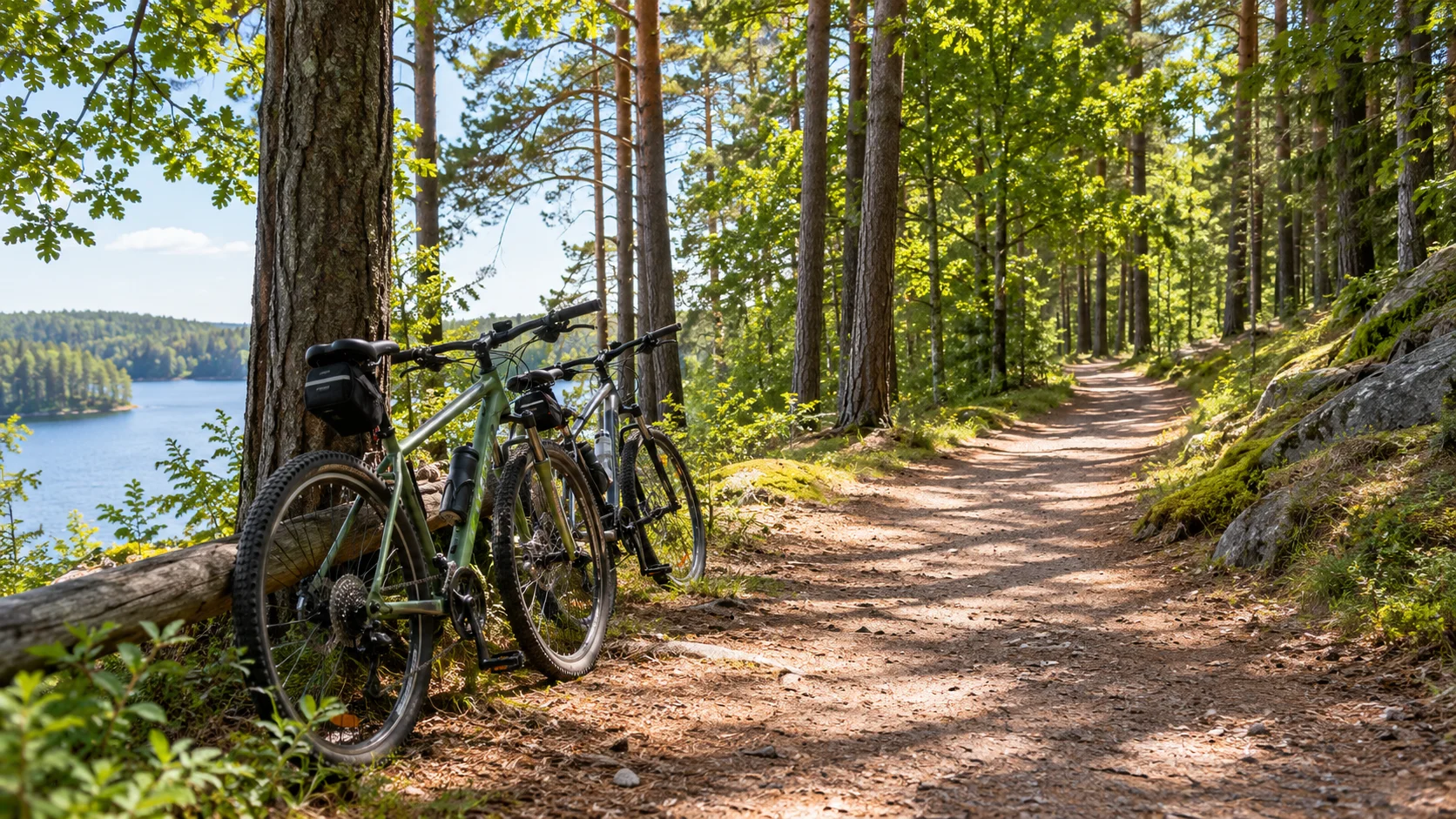 Rowery przy leśnej trasie rowerowej w słoneczny dzień