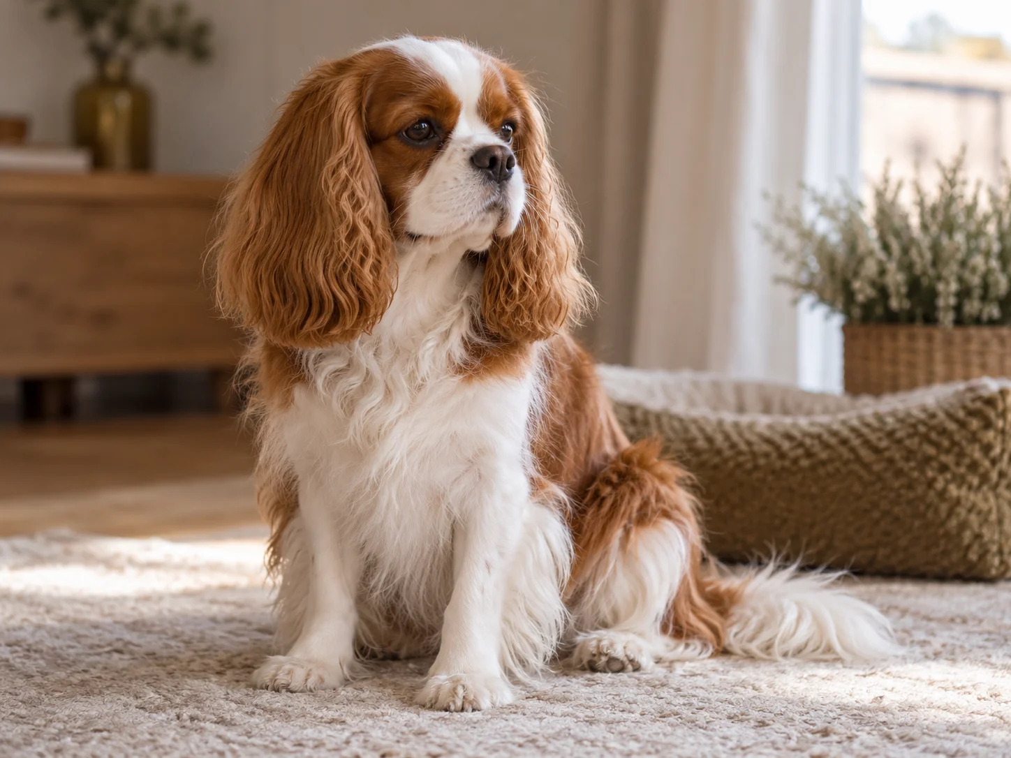 Suczka Cavalier King Charles Spaniel siedzi we wnętrzu