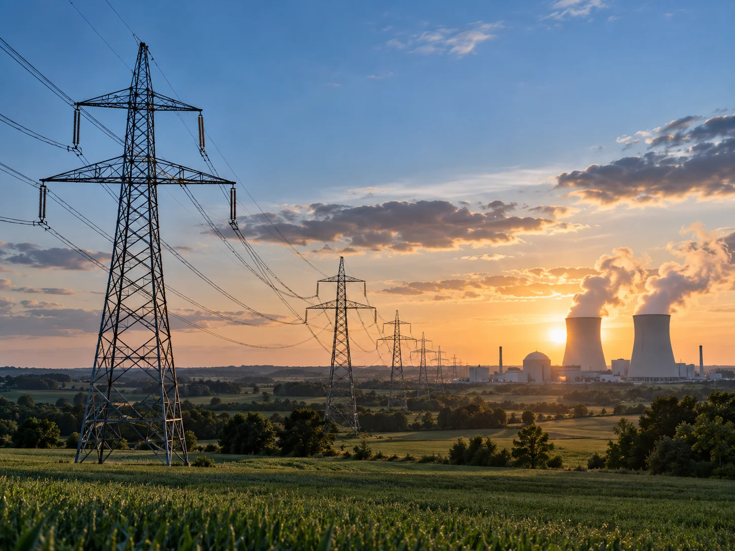 Nowoczesna sieć energetyczna z pylonami i motywem energii atomowej