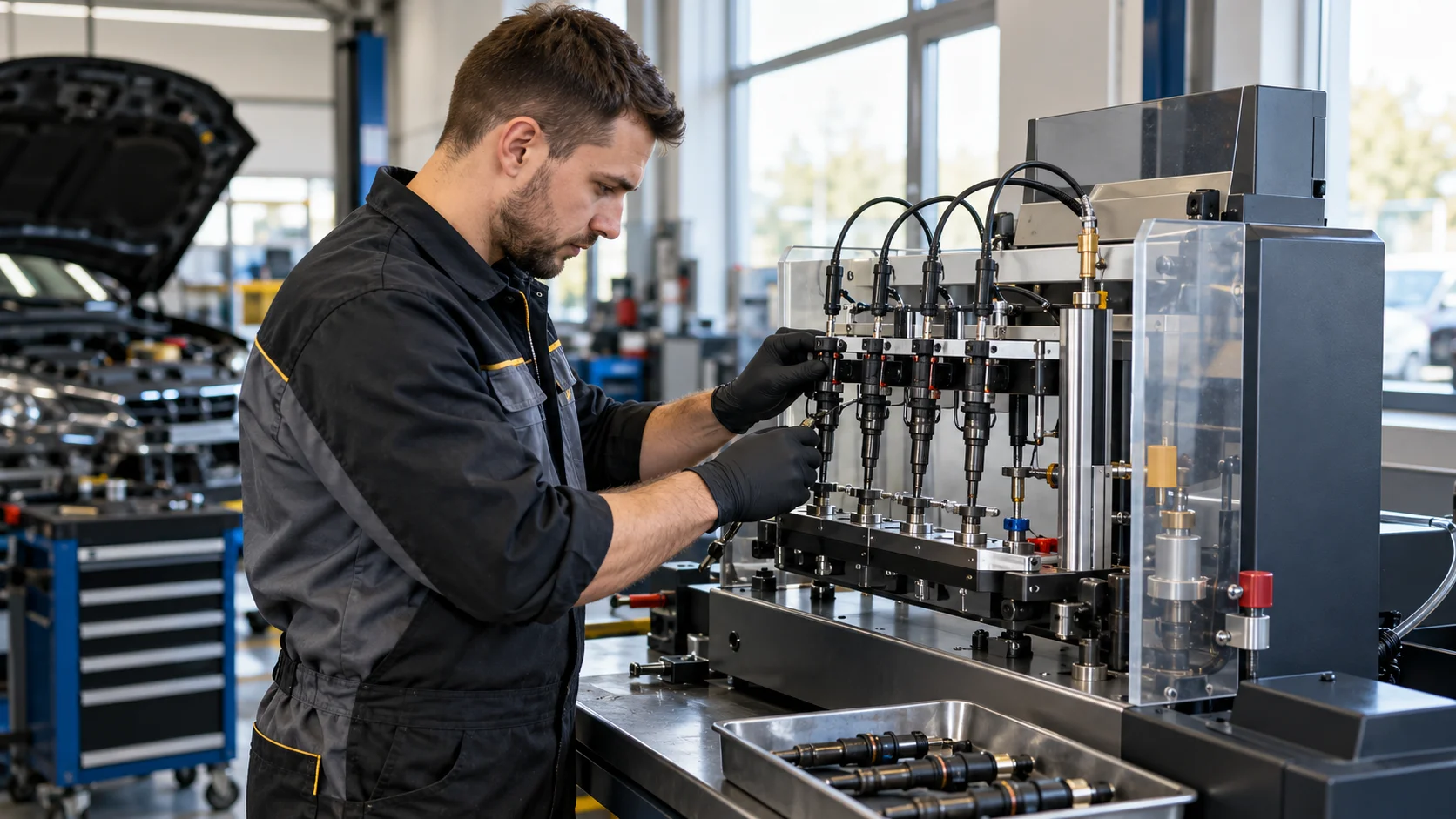 Technik testujący wtryskiwacze na stanowisku diagnostycznym