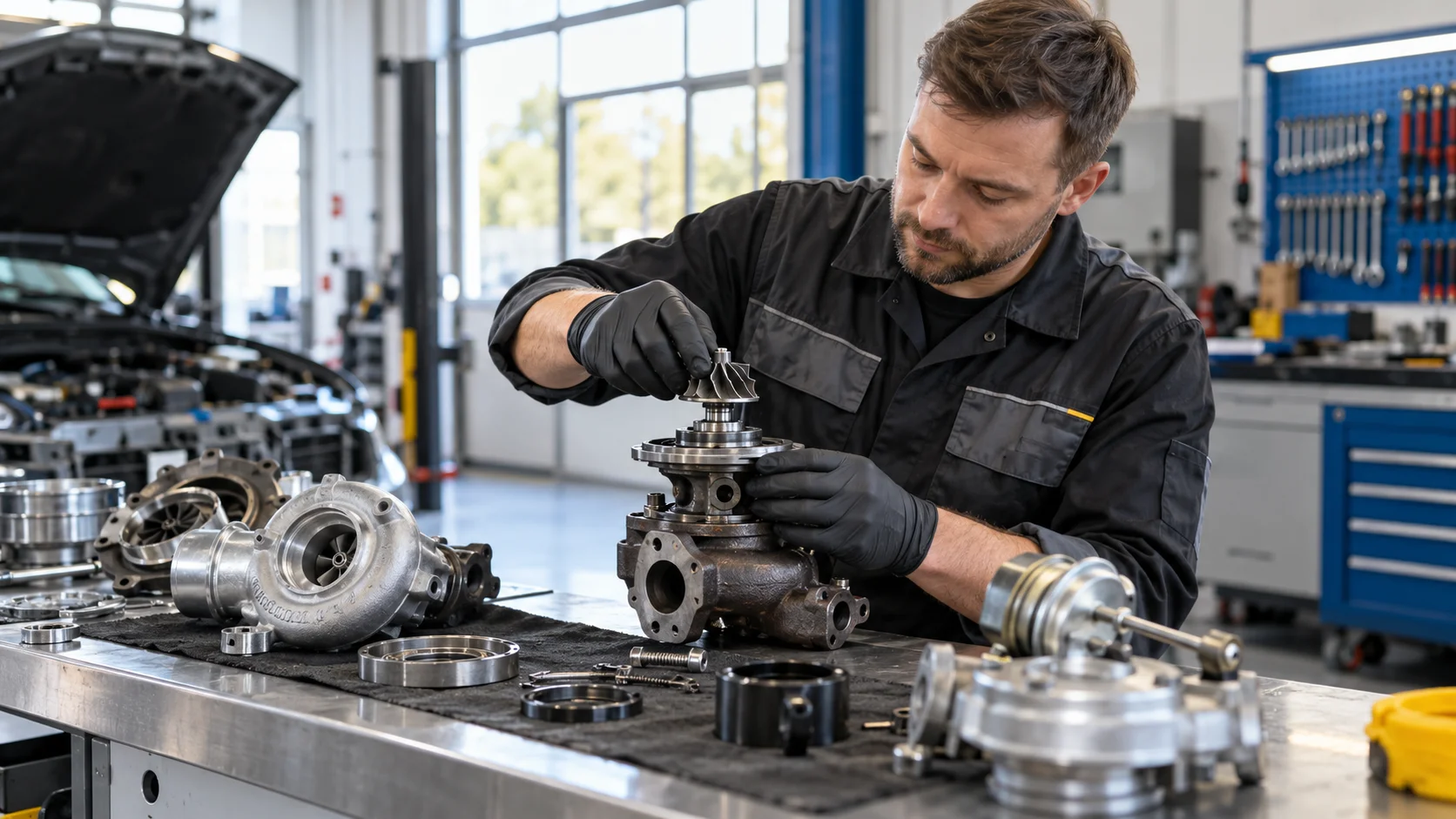 Instruktor pokazujący techniki naprawy turbosprężarki