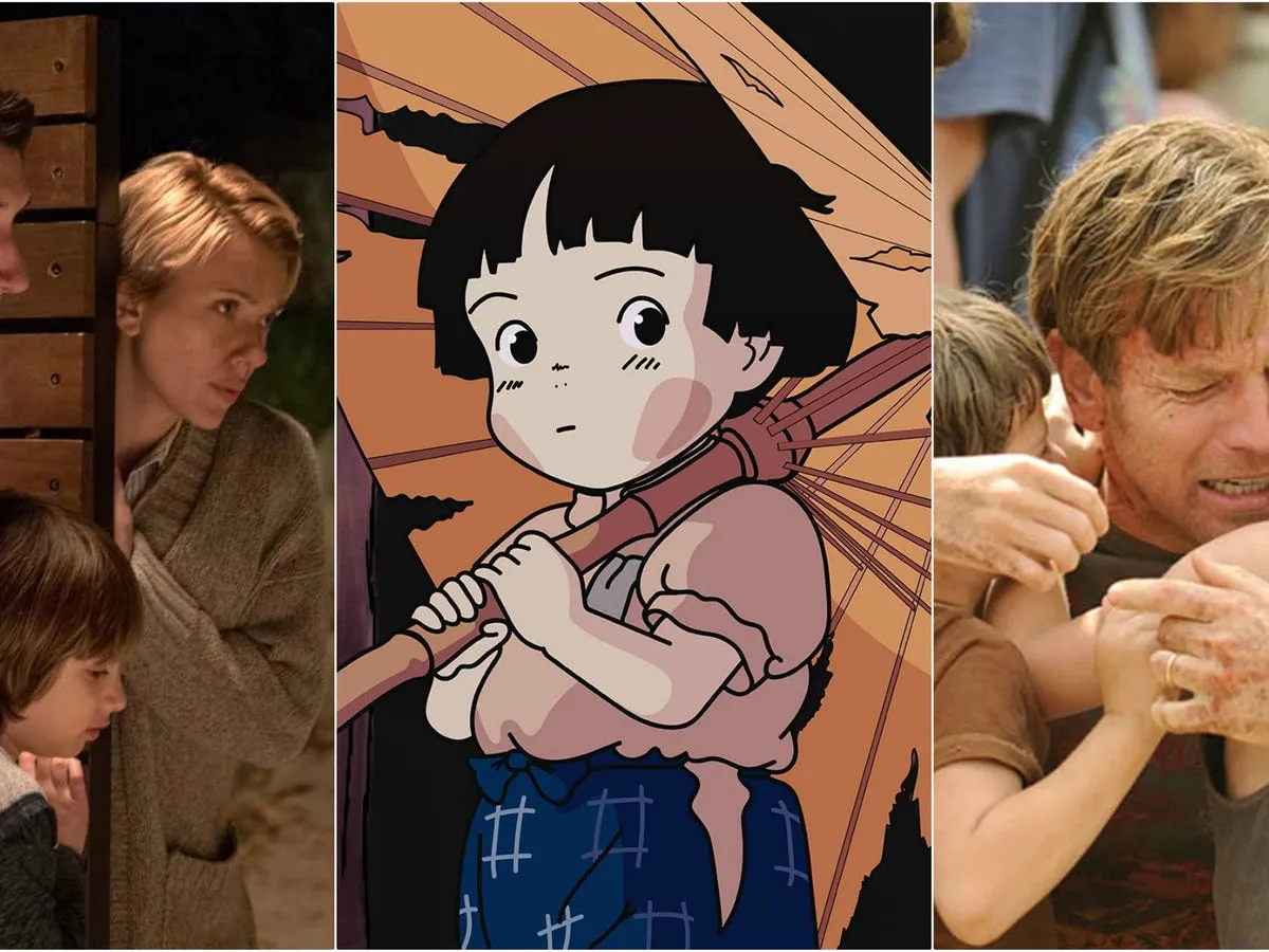 Películas para llorar a mares cuando estás triste: una madre y su hijo, una niña de anime con paraguas, y un padre abrazando a su hijo con angustia.