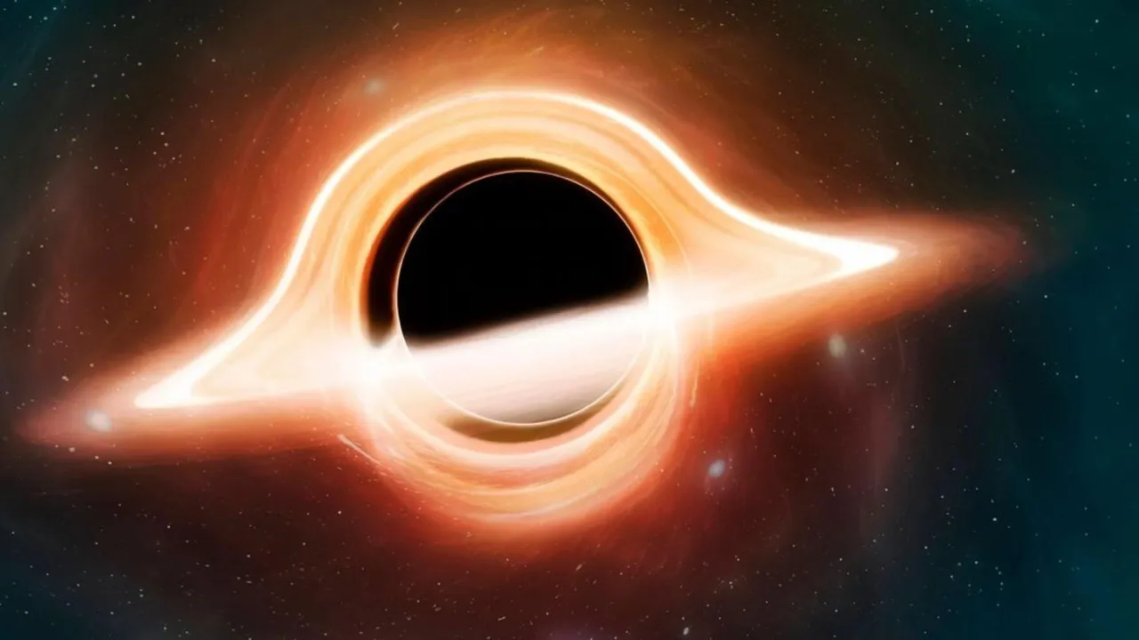 Agujero negro con disco de acreción brillante, como en películas de ciencia ficción sobre el espacio científicamente precisas.