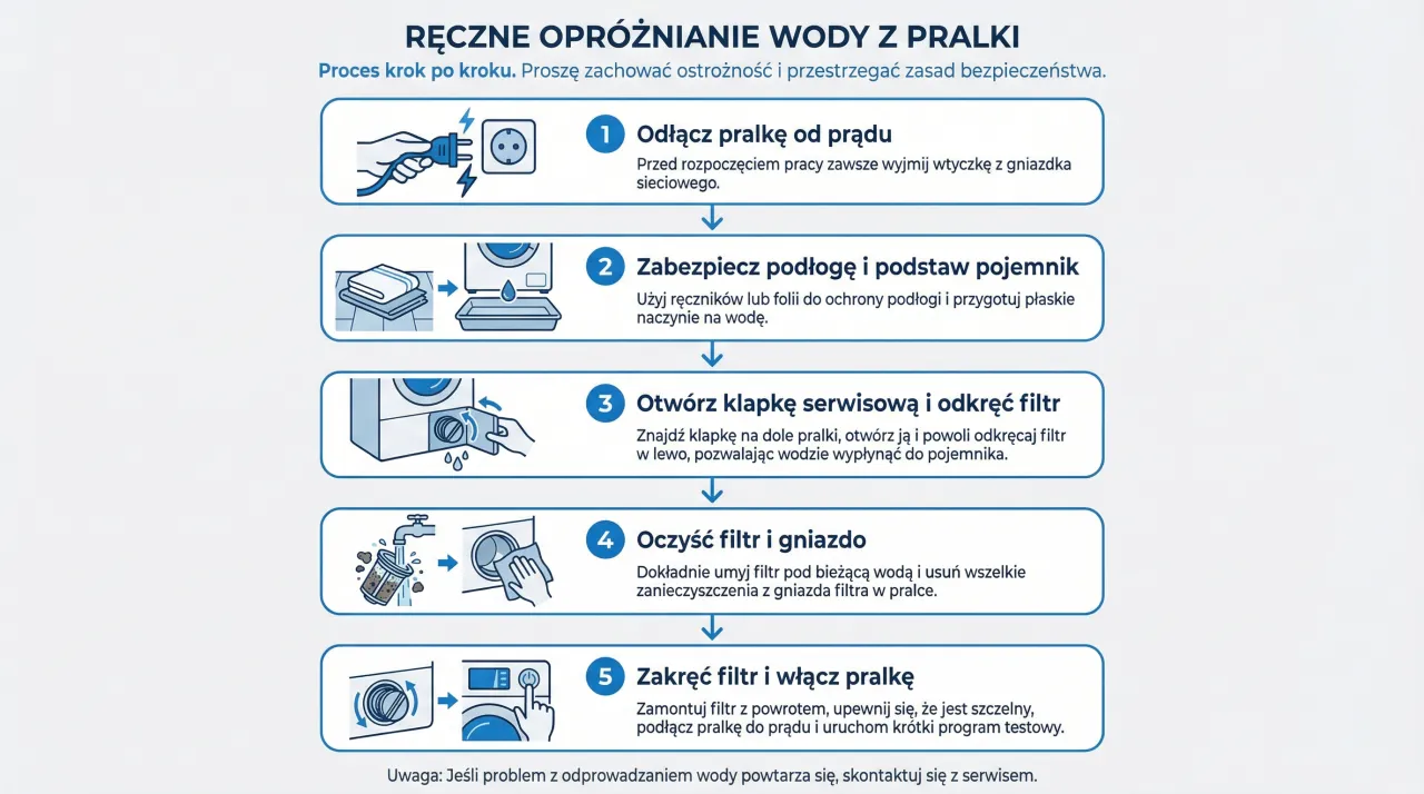Woda w pralce? Jak spuścić ją szybko i bezpiecznie (instrukcja) Woda w pralce? Jak spuścić ją szybko i bezpiecznie (instrukcja)